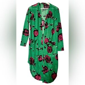 G by Giuliana Green Open Cardigan/Duster with Magenta Rose Print, has pockets